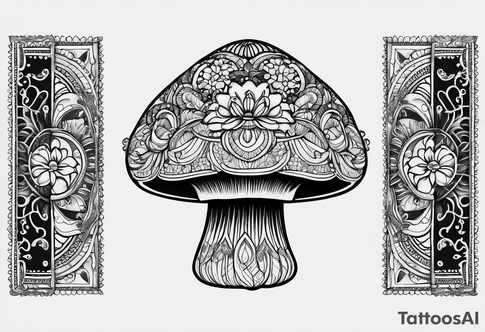 Black mushroom tattoo with henna style mandala design surrounding it tattoo idea