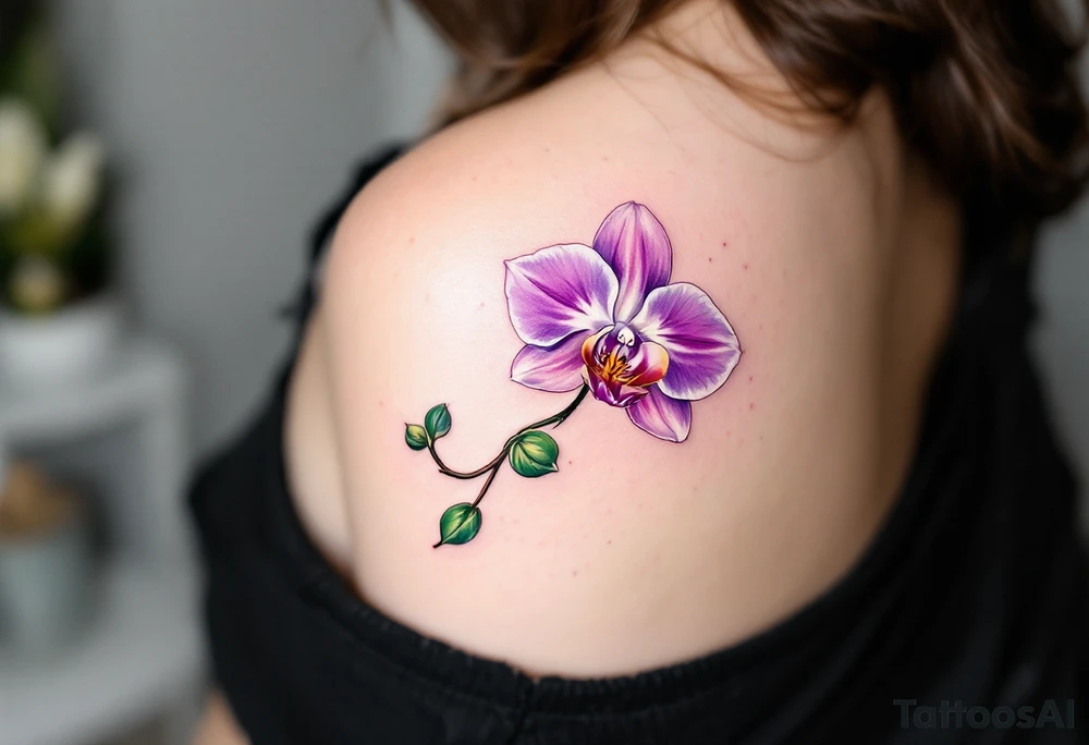 A delicate orchid tattoo featuring soft gradient petals in shades of violet, blush pink, and creamy white, with a vibrant magenta center and emerald green leaves, elegantly curved along the collarbone or spine for a graceful, feminine effect. tattoo idea