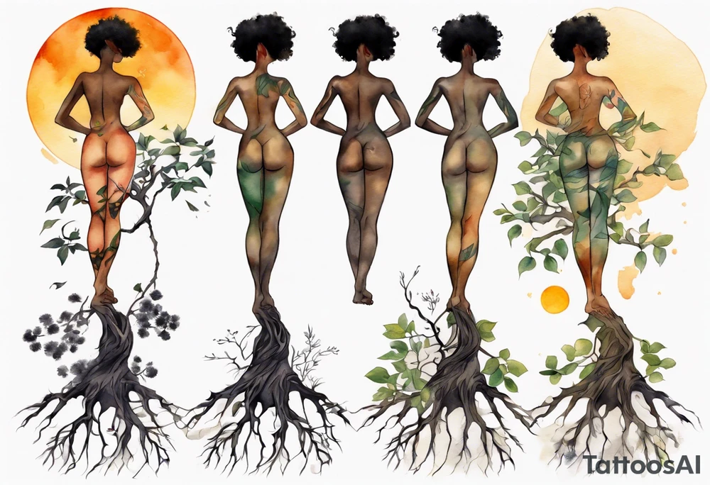 a beautiful black woman with feet that turn into tree roots, reaching towards the sun tattoo idea