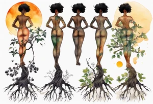 a beautiful black woman with feet that turn into tree roots, reaching towards the sun tattoo idea