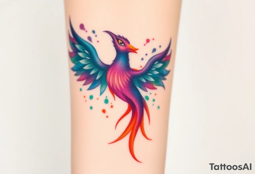 Phoenix in flames with purple, blue, orange, teal and green splashes, looking upwards with angry eye. No black outline. tattoo idea
