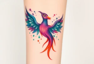 Phoenix in flames with purple, blue, orange, teal and green splashes, looking upwards with angry eye. No black outline. tattoo idea