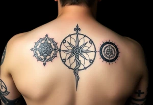 Norse sleeve tattoo which include web of wyrd, ÆGISHJÁLMR, Vegvisir, Yggdrasil, tattoo idea