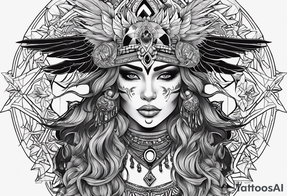 black kali, goddess pirate, alien, pachamama, valkrye, warrior, skull, lotus azul, wing, eagle, zenza resonance, stars, 5D tattoo idea