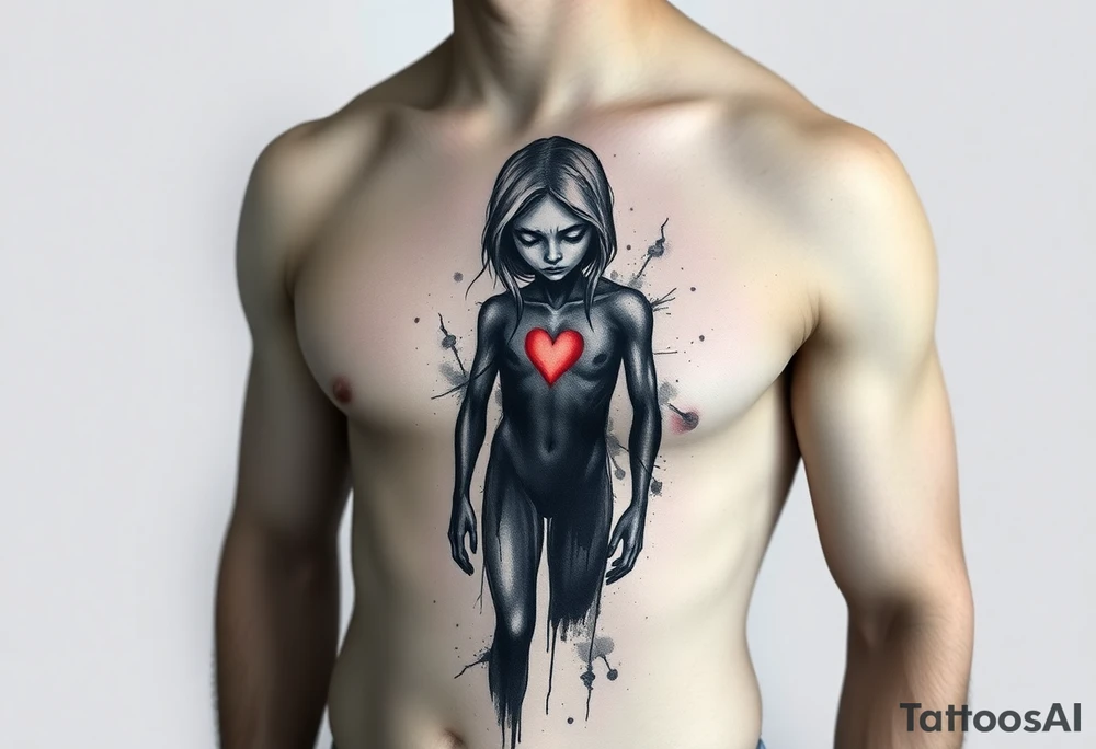 A solitary figure with a nostalgic, sorrowful expression, surrounded by a subtle environment that evokes anxiety—fine lines, soft shadows, and empty space around them. Though seemingly fragile, the figure stands upright, symbolizing inner strength. A warm light or heart glowing from the chest represents deep love. The eyes are detailed, reflecting a keen attention to detail and emotional sensitivity. The overall contrast shows emotional fragility balanced by quiet resilience. tattoo idea