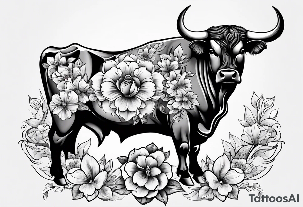 bull with flowers feminine tattoo idea