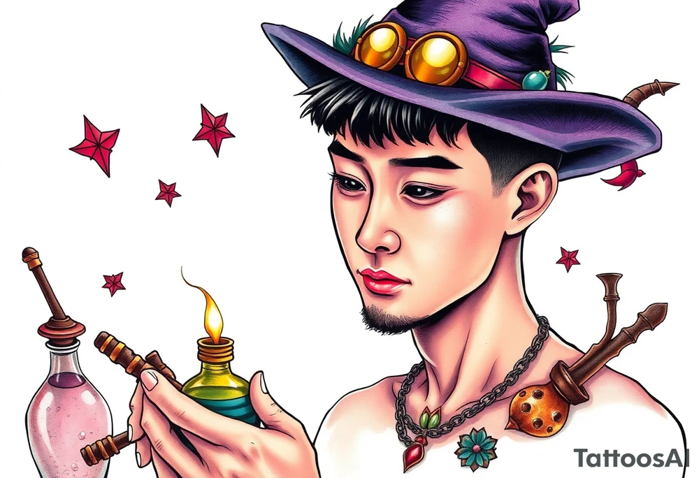 Handsome Asian young adult guy is  accidentally stumbled upon witch tools, supplies, artifacts, potions and exploring it curiously tattoo idea