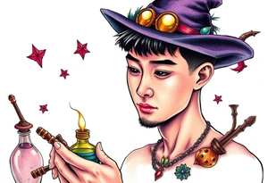 Handsome Asian young adult guy is  accidentally stumbled upon witch tools, supplies, artifacts, potions and exploring it curiously tattoo idea