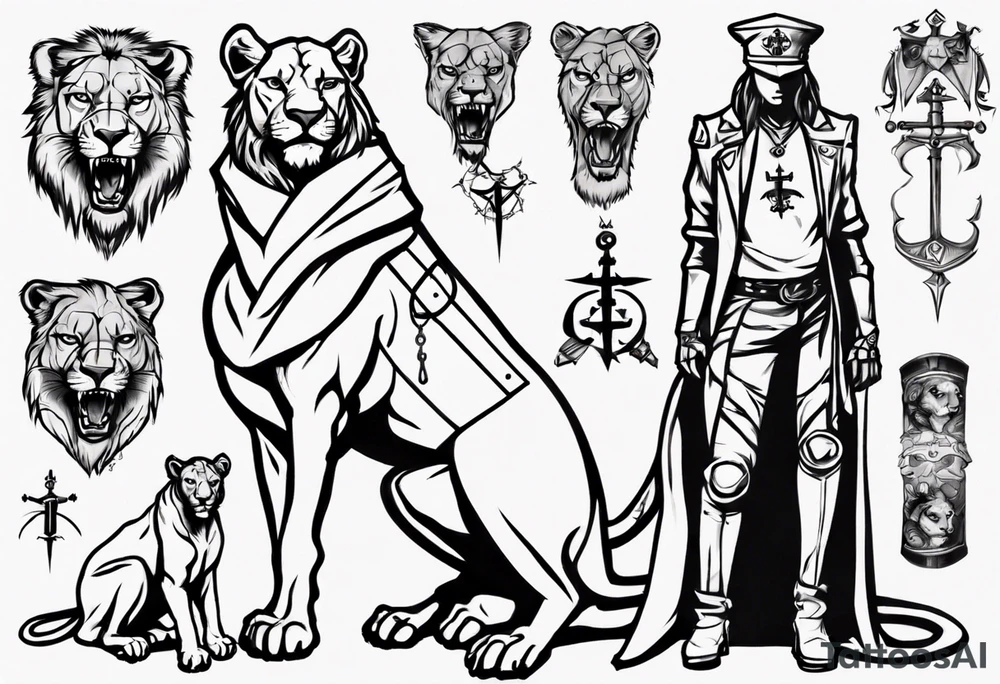 Lioness standing next to a Templar tattoo idea