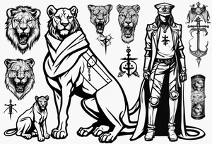 Lioness standing next to a Templar tattoo idea