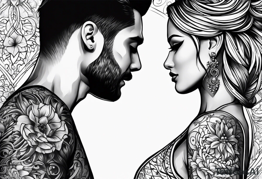 man and woman looking at each other with love tattoo idea