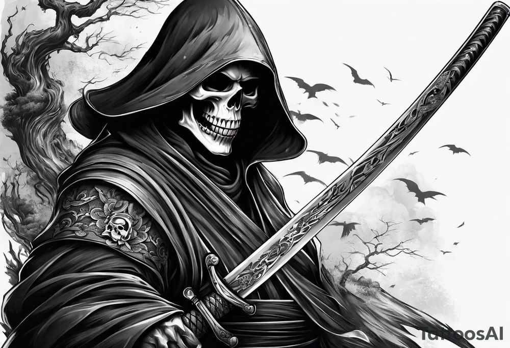 katana with grim reaper and skull tattoo idea