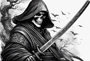 katana with grim reaper and skull tattoo idea
