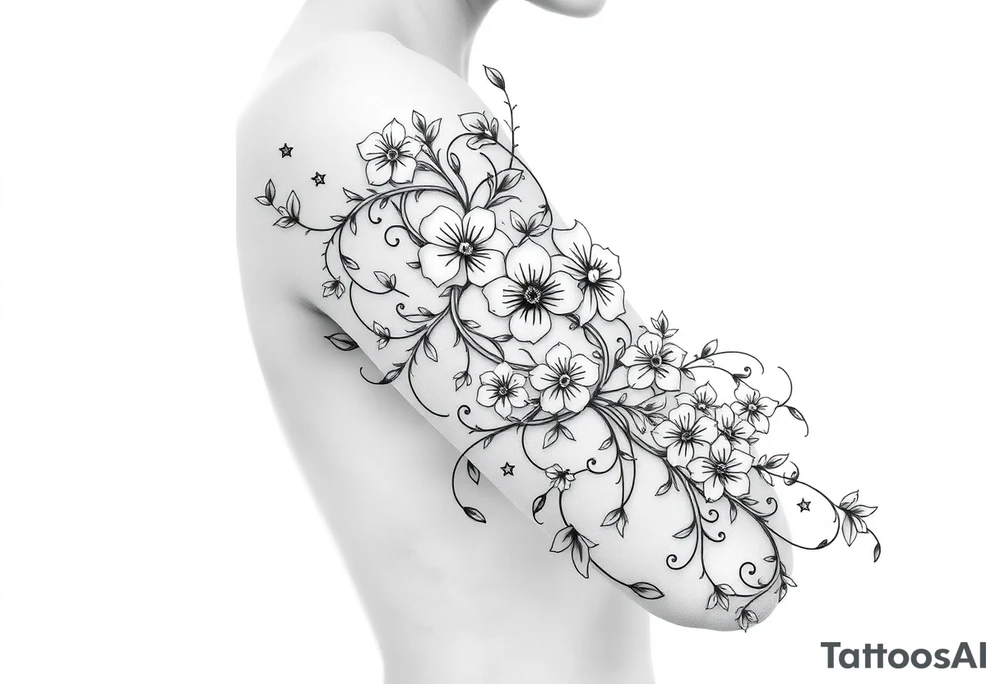 Celestial flowing swirling design elements entangled with a wild overgrown flowering vine tattoo idea