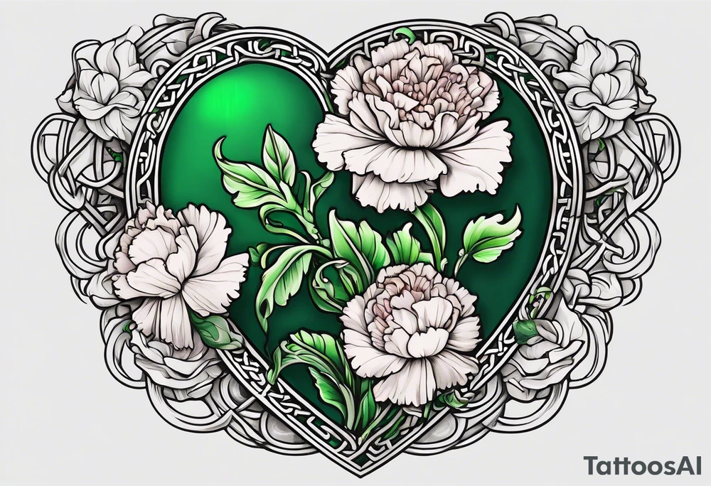 Irish Celtic with an Emrald green gem in the middle of the heart with a bundle of carnations, leaves, and narcissus coming out of the hands. tattoo idea