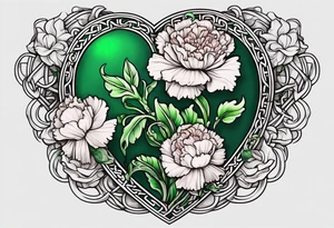 Irish Celtic with an Emrald green gem in the middle of the heart with a bundle of carnations, leaves, and narcissus coming out of the hands. tattoo idea