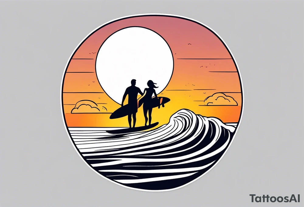Line work tattoo depicting a father surfing in the sunset with his two daughters. tattoo idea
