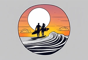 Line work tattoo depicting a father surfing in the sunset with his two daughters. tattoo idea