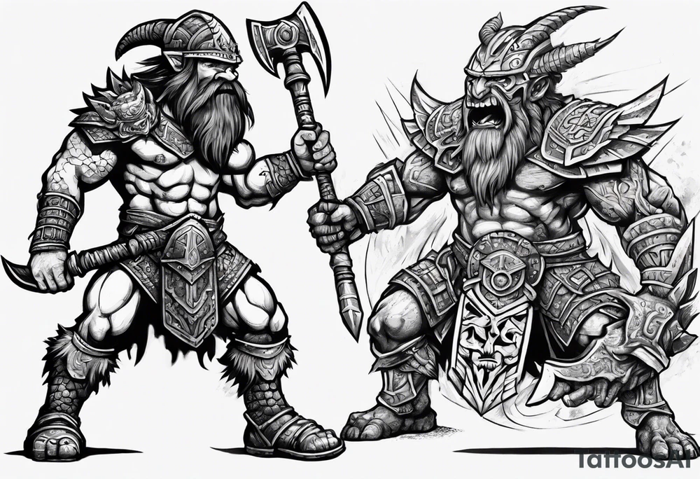 dwarven warrior with a war axe and Aztec warrior fighting side by side against a dragon in the pit of hell tattoo idea