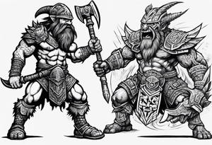 dwarven warrior with a war axe and Aztec warrior fighting side by side against a dragon in the pit of hell tattoo idea