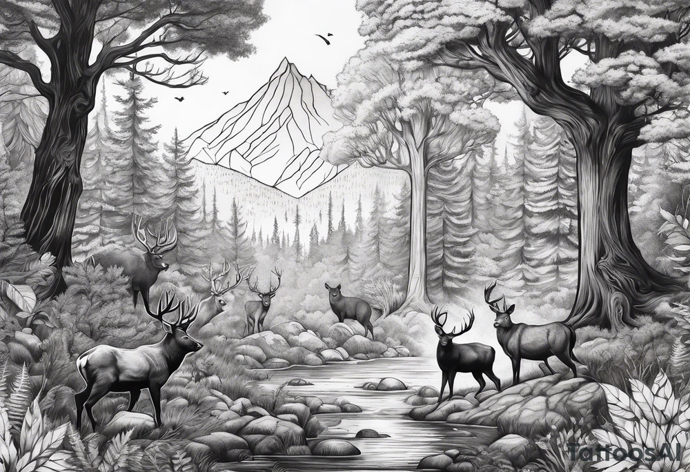 Forest with a lot of trees and animals exploring tattoo idea