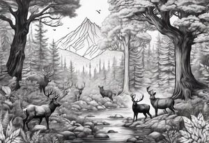 Forest with a lot of trees and animals exploring tattoo idea