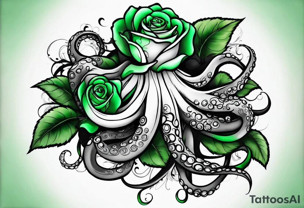 Electric octopus peaceful green roses tattoo idea