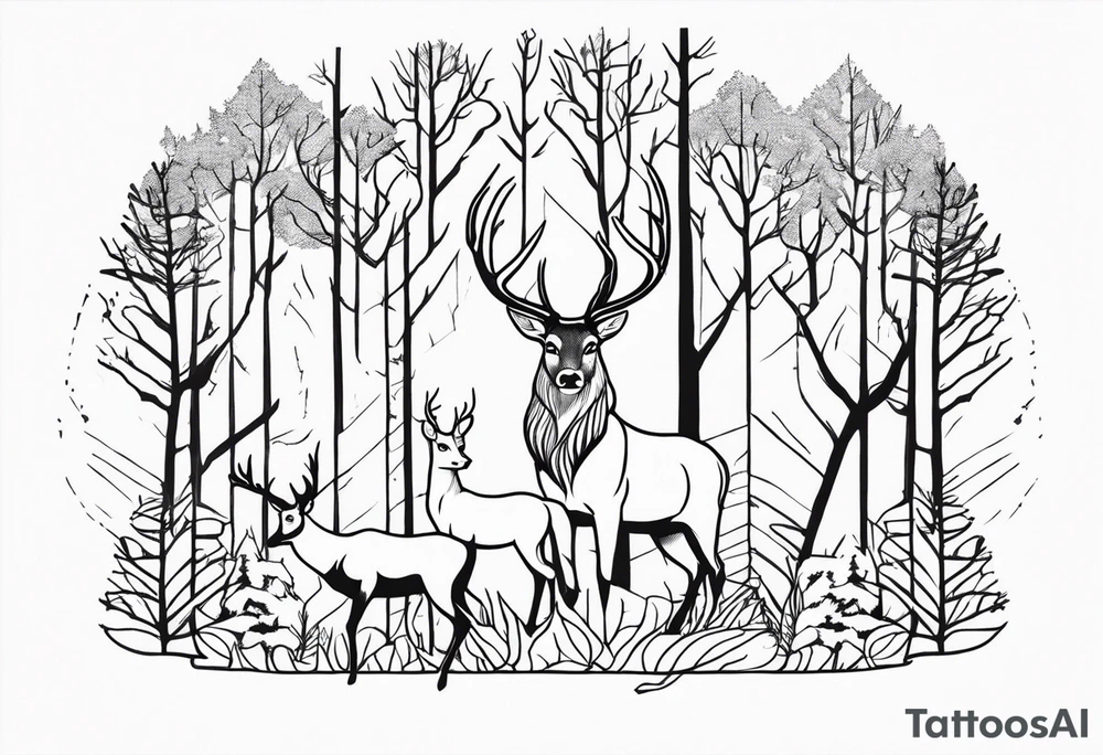 a large majestic male with large antlers, a graceful female and a small fawn. In the background, majestic trees, such as spruce and birch, tattoo idea