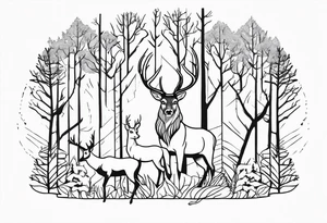 a large majestic male with large antlers, a graceful female and a small fawn. In the background, majestic trees, such as spruce and birch, tattoo idea