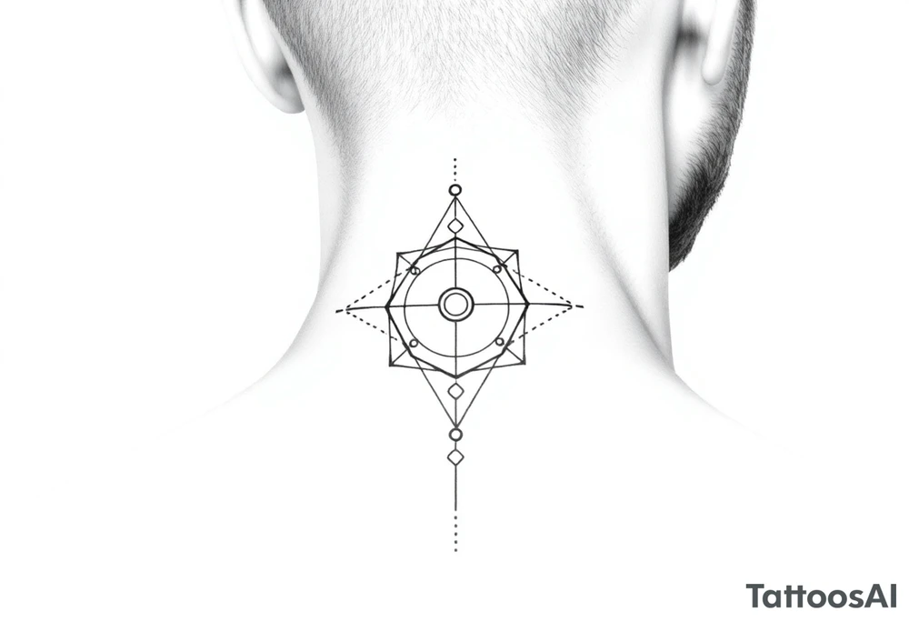 Create a tattoo design sketch for a 35-year-old man incorporating the concepts of love, faith, balance, eternity, infinite. The design should follow a minimalist and masculine style, utilizing fine-dot detailing (dotwork) with abstract and symbolic representations of these themes. It should feature clean lines and sacred geometry influences, creating an elegant and timeless aesthetic. The tattoo should emphasize harmony and personal growth, avoiding excessive complexity while maintaining deep symbolism. Suitable placement: the neck. The final design should be subtle yet powerful, aligning with the intended themes in a refined and meaningful way. tattoo idea