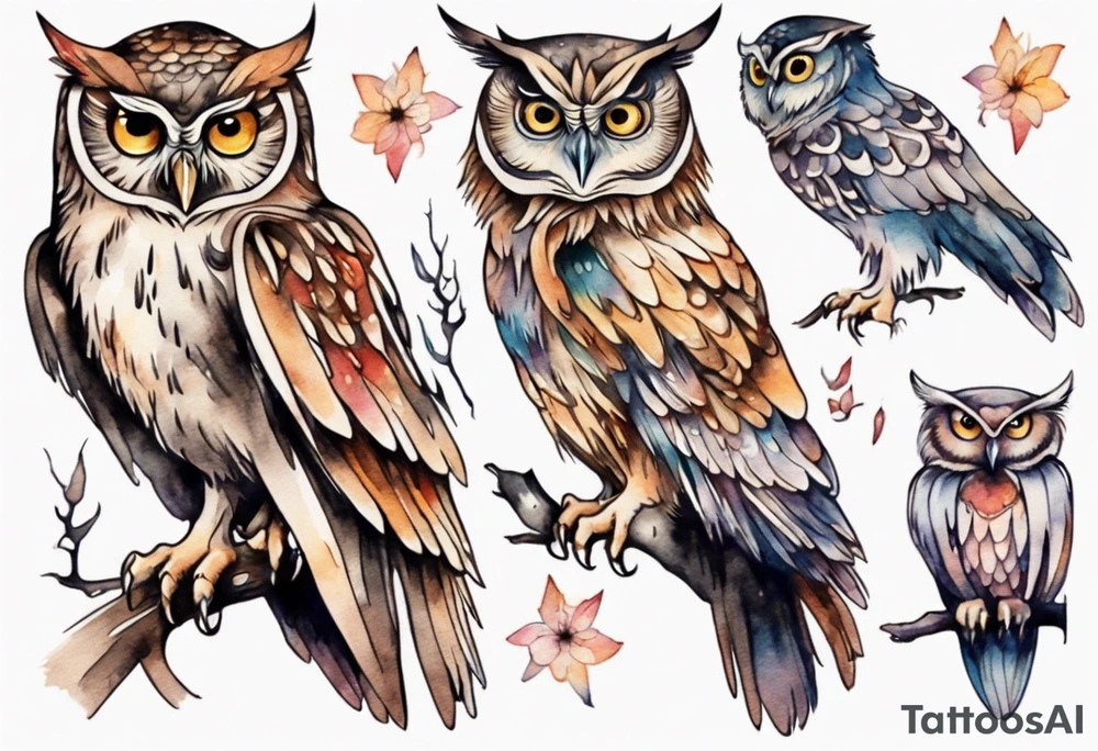 an owl with long legs walking at night tattoo idea