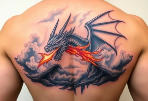 fierce dragon breathing iridescent fire against stormy skies tattoo idea