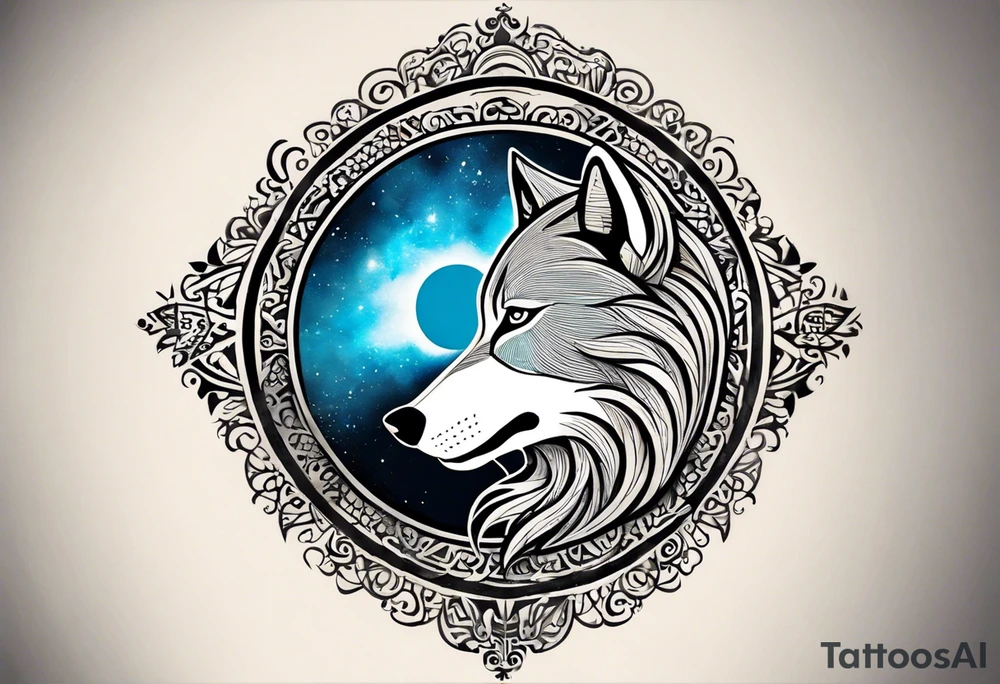 a tattoo whose main theme is balance but also resembles new begining, strong willpower, peace and loyalty. This should be for the front part of the shoulder. maybe add the ying-yang symbol somewhere in the tattoo. Tattoo should have an equal amount of blue and red along with the overall tattoo being black. In corporate a wolf into the tattoo, make sure it resembles ing and yang tattoo idea