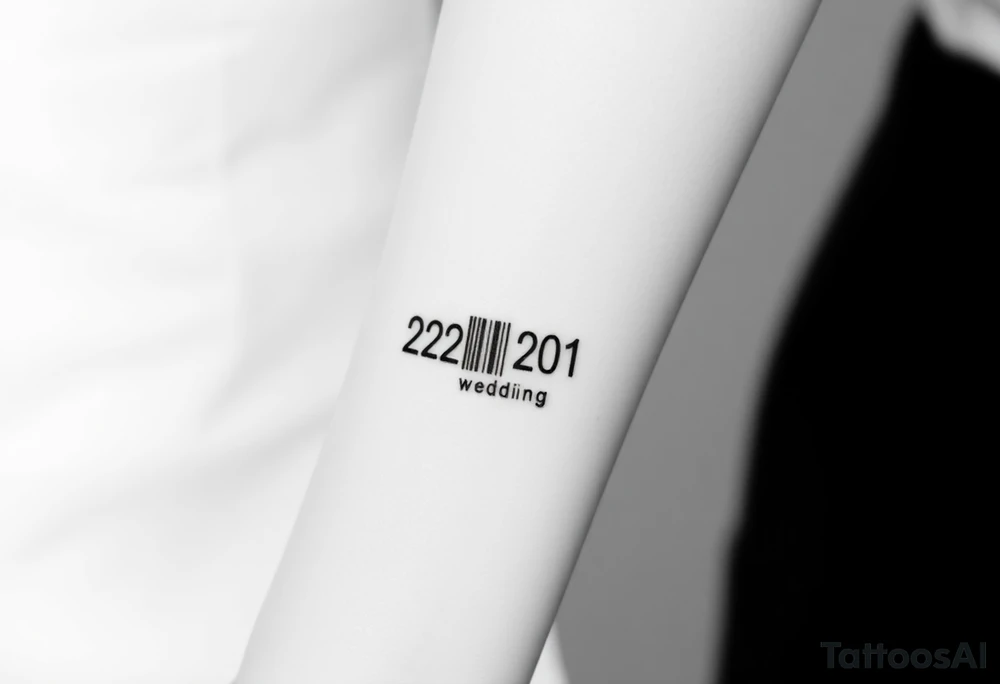 A sleek, minimalist barcode with the couple’s wedding date (22 - 12 - 2012) hidden in the numbers, symbolizing a love marked in time tattoo idea