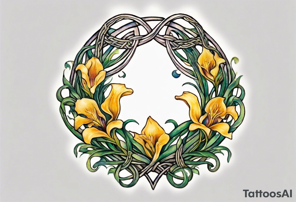 Create a small, colorful Vincent van Gogh Irises tattoo in the form of a crescent, with vines in Celtic knot style gracefully intertwining at a central point in the middle of the wreath. The intended placement is on the upper chest. The middle needs mountains. The overall design should be small in size while maintaining a delicate and artistic aesthetic. Pay attention to the graceful flow of the vines and the placement of the irises to achieve a refined and elegant look. tattoo idea