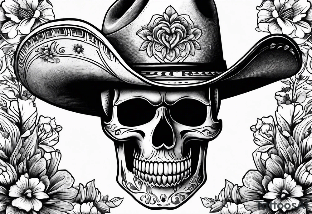 Mexican skull-wearing cowboy hat with art paintbrushes and bluebonnet flowers tattoo idea