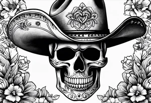 Mexican skull-wearing cowboy hat with art paintbrushes and bluebonnet flowers tattoo idea