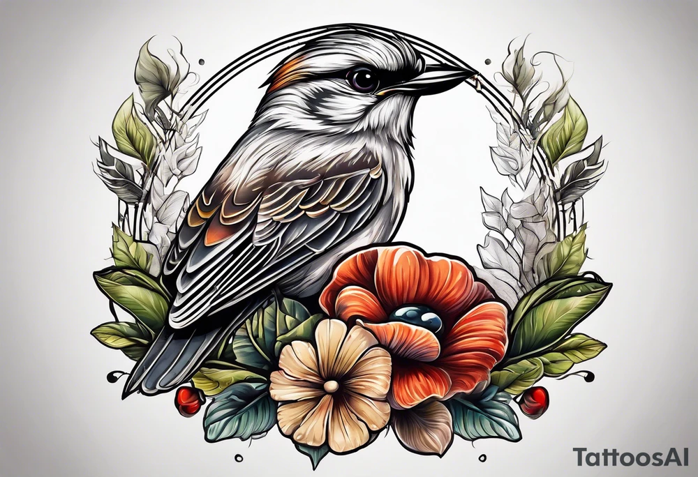 Bird head with mushrooms and nature in the background tattoo idea