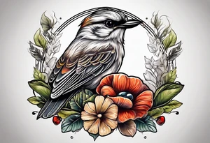 Bird head with mushrooms and nature in the background tattoo idea