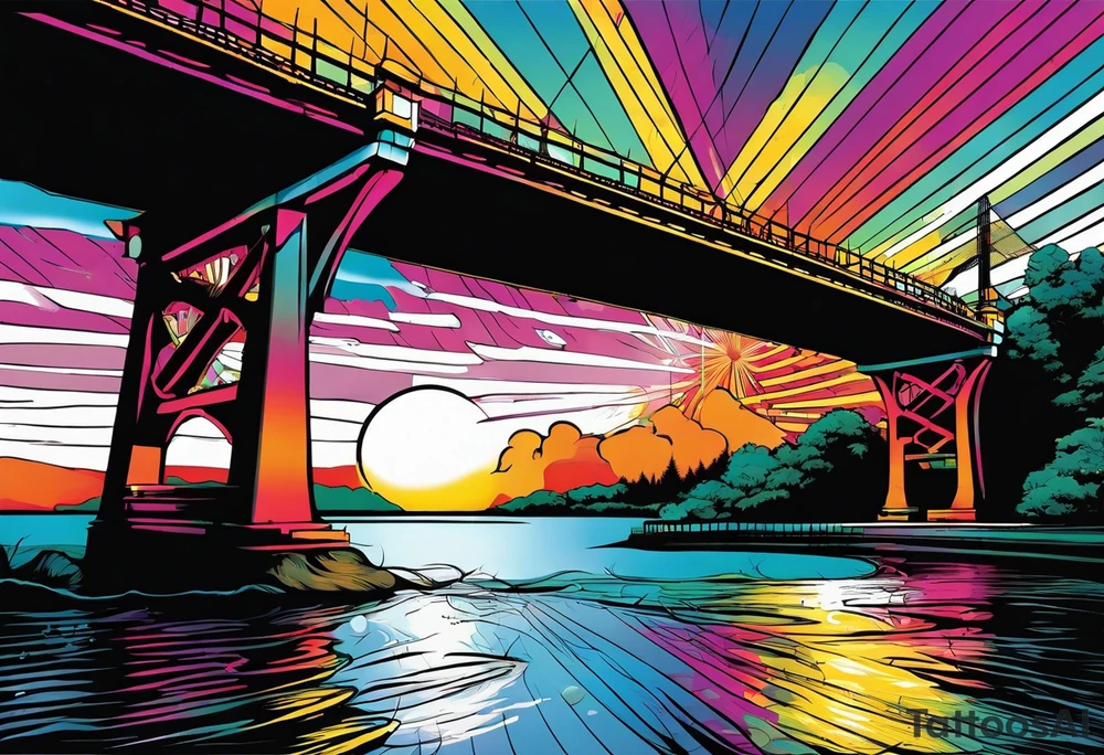 70's poster art, pop art, simple, view from under cantilever bridge tattoo idea