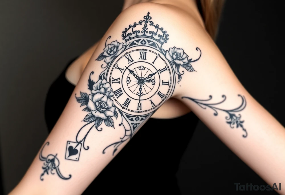 Roman clock with roses and a crown,  a quote that says nothings forever. and on the bottom a deck of cards tattoo idea