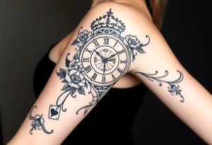 Roman clock with roses and a crown,  a quote that says nothings forever. and on the bottom a deck of cards tattoo idea