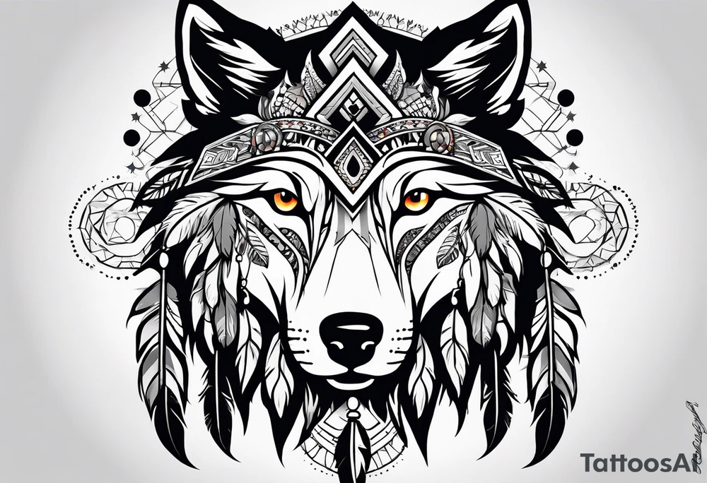 Inspired by Native American art, featuring traditional patterns and symbols like feathers and dreamcatchers integrated with the wolf’s image. tattoo idea