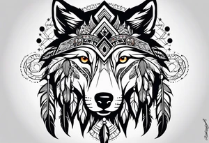 Inspired by Native American art, featuring traditional patterns and symbols like feathers and dreamcatchers integrated with the wolf’s image. tattoo idea