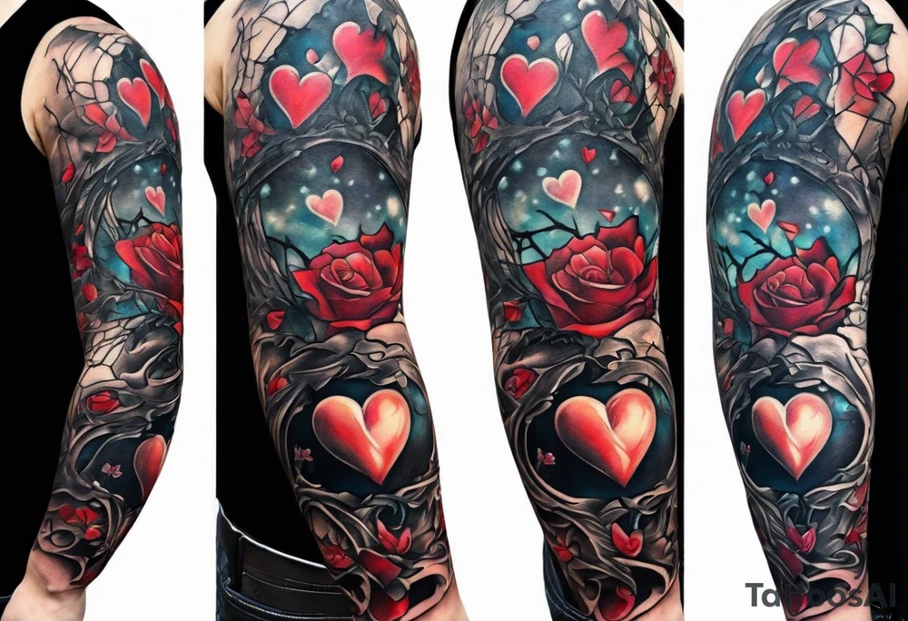 Arm sleeve depicting broken heart, pain suffering and loneliness tattoo idea