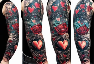 Arm sleeve depicting broken heart, pain suffering and loneliness tattoo idea