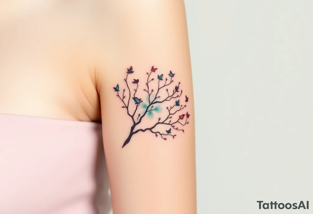 A delicate tree with tiny birds flying from its branches, representing the growth and independence of each family member tattoo idea