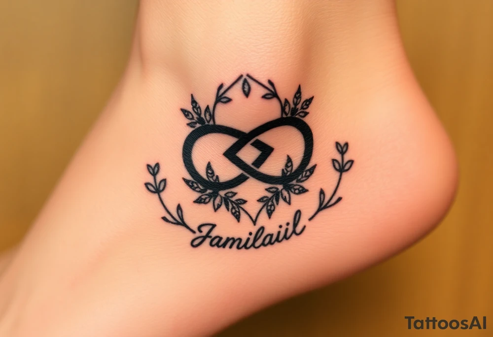 An infinity symbol surrounded by a wreath of wildflowers, with the word "family" flowing beneath tattoo idea
