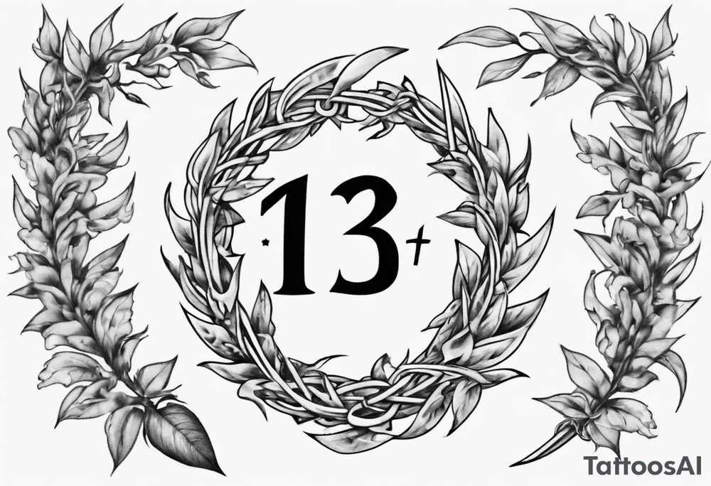The number 13 in the middle of a laurel leaf wreath, Celtic sword and amor fati. tattoo idea