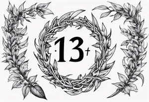 The number 13 in the middle of a laurel leaf wreath, Celtic sword and amor fati. tattoo idea